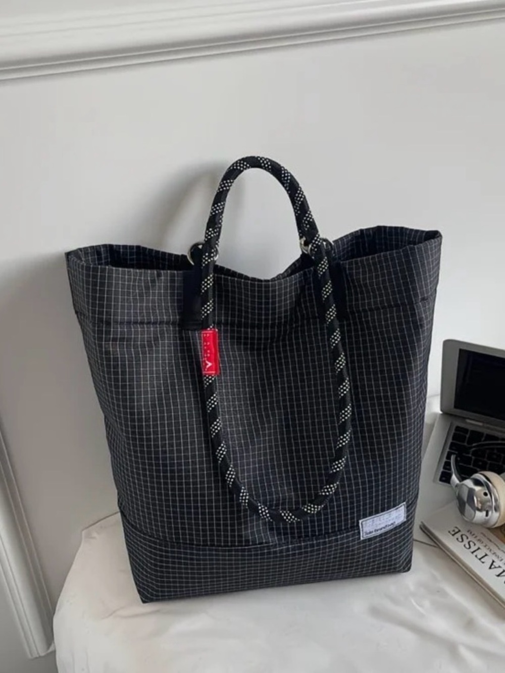 Everyday Black Grid Tote Bag with Rope Handles